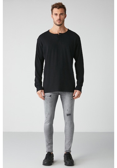 Lorenzo  Erkek Özel Rustik Dokulu %100 Organik Pamuk Düğme Detaylı Regular Siyah Sweatshirt