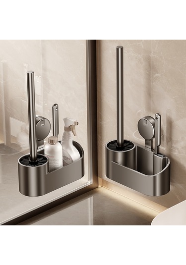 Vakumlu Duvara Monte Banyo Pratik Raflı Tuvalet Fırçası Gri