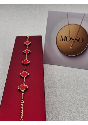 Kırmızı Çelik Bileklik Gold Renk Yoncalı Model Altın