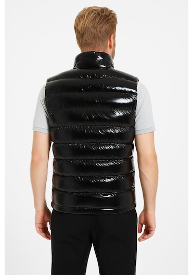 Erkek Siyah Parlak Kumaş Şişme Yelek Siyah