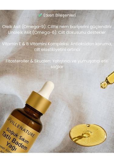 Villenature Soğuk Sıkım Tatlı Badem Yağı Sweet Almond Oil Prunus Amygdalus Dulcis 50 Ml