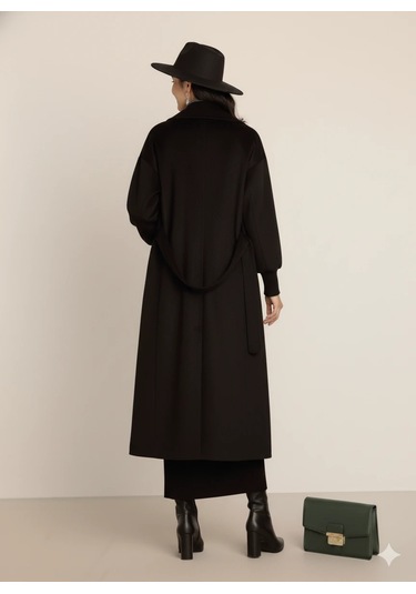 Kadın Siyah Kaşe Uzun Kaban Maksi Boy Palto Geniş Yakalı Düz Kesim Kışlık Siyah