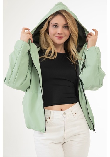 Riverstorm Kadın Su Yeşili Su Ve Rüzgar Geçirmez Kapüşonlu Cepli Oversize Yağmurluk - Rüzgarlık Su Yeşili