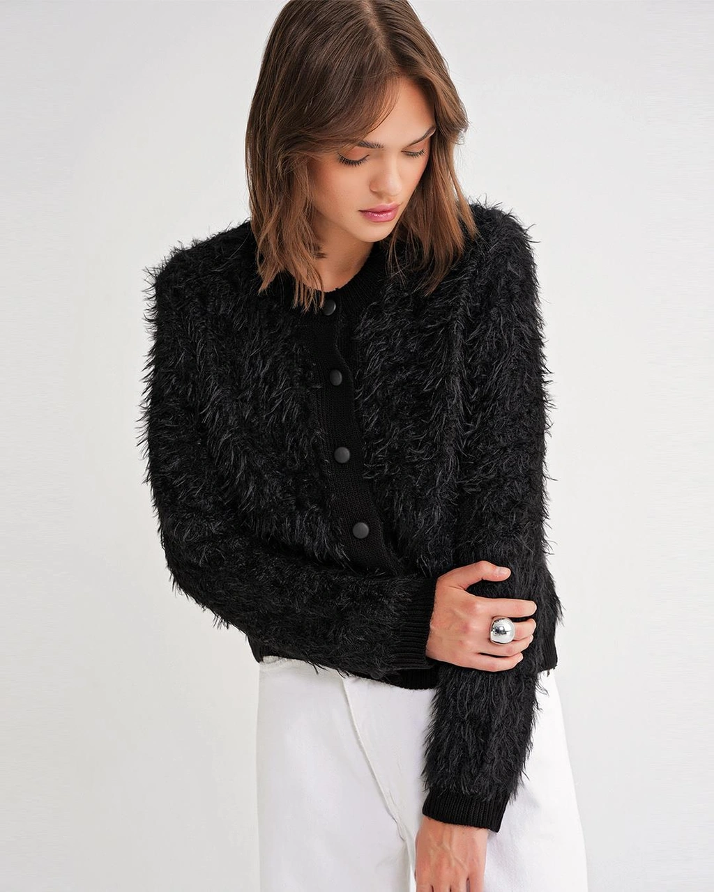 6897 Kadın Uzun Sakallı Bant Detaylı Triko Hırka Siyah Siyah