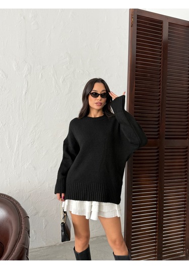 Kadın Yumuşak Dokulu Bisiklet Yaka Oversize Basic Triko Kazak Siyah