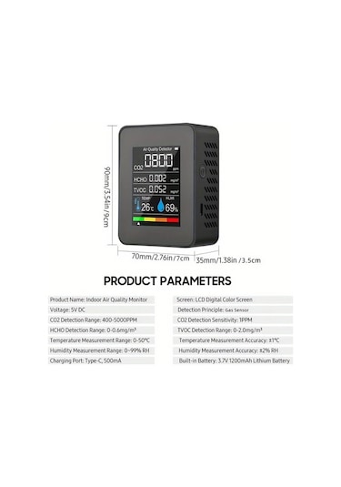 Honeybeeshop 1 Adet 5i 1 Arada Gelişmiş Hava Kalite Monitörü Siyah Co2 Formaldehit Sıcaklık Nem Tvoc Dedektörü Büyük Lcd Usb Şarj Ev Ofis İçin