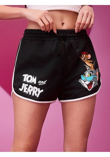 Siyah Yırtmaçlı Beyaz Biyeli Tom Ve Jerry Baskılı Bermuda Şort Siyah2-280703