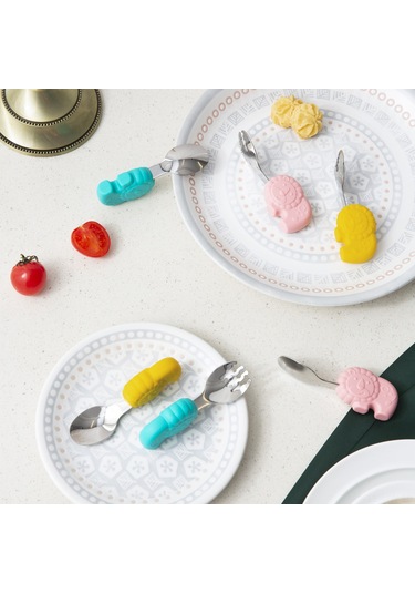 Bebek Kaşık Ve Çatal Seti, Taşıma Çantası İle Kendin Yiyen Aletler, Sevimli Silikon Karikatür Saplı Paslanmaz Çelik Sofra Takımı Pembe
