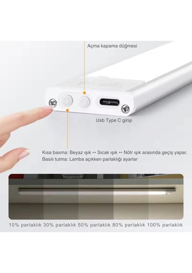 Shopytech 50 Cm Manyetik Şarjlı Led Dolap/tezgâh Altı Lamba Hareket Sensörlü 3 Renk Kısılabilir Usb Çok Renkli