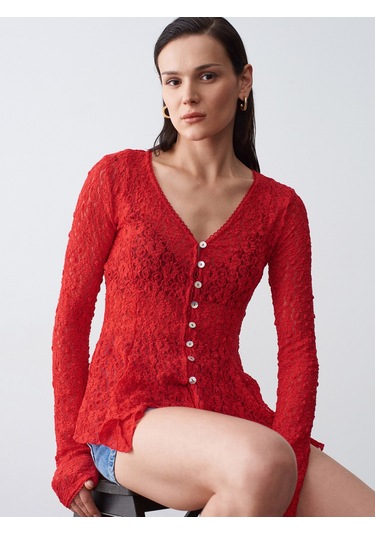 Dilvin 60433 Düğmeli Peplum Dantel Hırka-kırmızı