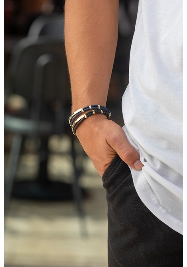 Cenova Kuyumculuk 14 Ayar Altın Lacivert Örme Kauçuk Erkek Bileklik Lacivert