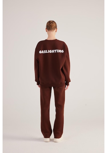 Holly Lolly Oversize Kesim Unisex Gaslighting Sweatshirt Kahve