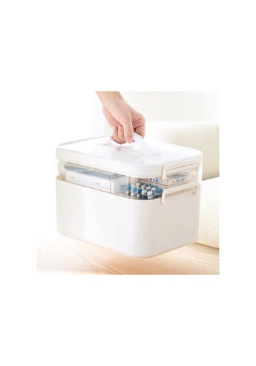 Sones Ev Tipi Taşınabilir Kozmetik Bitirme Saklama Kutusu Büyük Kapasiteli Aile Güvenliği Acil Durum Saklama Kutusu Çift Katmanlı İlaç Kutusu, Boyut: L-28,5x19,5x18,5 Cm Beyaz