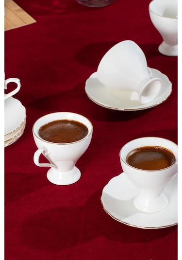 Porsima 4330 Emery 12 Parça 6 Kişilik Yaldızlı Porselen Türk Kahve Fincan Takımı Beyaz
