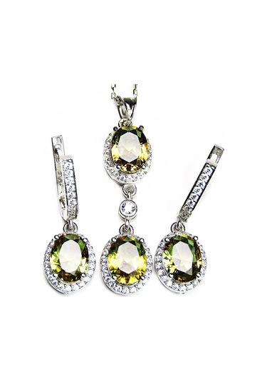 Zultanit Taşlı Gümüş Oval Mekik Damla Kadın Kolye Küpe Seti