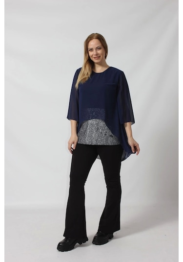 4048 Şifon -simli Dantel Kombinli Büyük Beden Bluz Lacivert Lacivert
