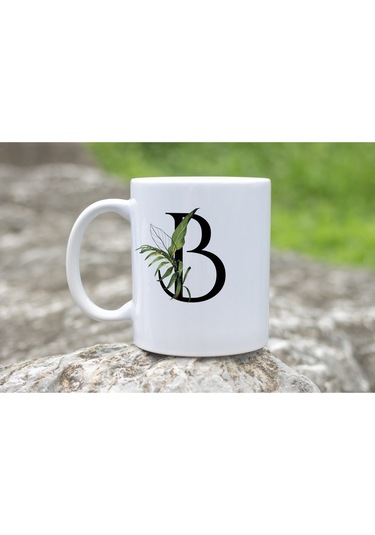 B Harf Zarif Yaprak Desenli Kupa Bardak - Naturel Sade Alfabe Harfli Bardak - Kişiye Özel Hediye Beyaz