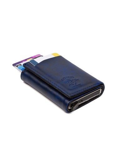 Tuldar Erkek Rfıd Otomatik Çekim Koruyucu Mekanizmalı Kağıt Para Bölmeli Hediyelik Kartlık Cüzdan Tul601 - Lacivert