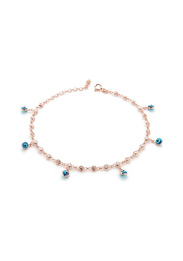 Gümüş Rose Renk Nazar Boncuklu Halhal Gümüş