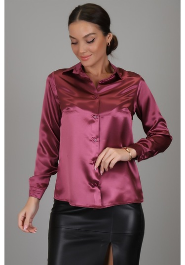 Sweetness Kadın Gül Kurusu Saten Uzun Kol Abiye Gömlek Gülkurusu