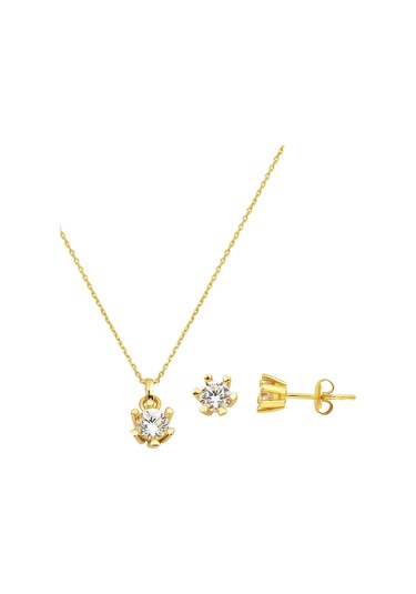 Bilezikci Tek Taşlı 14 Ayar Kolye Küpeli Altın Set