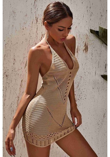 Angelsin Boyundan Bağlamalı Etnik Desenli Örme Pareo Plaj Elbisesi Krem 001