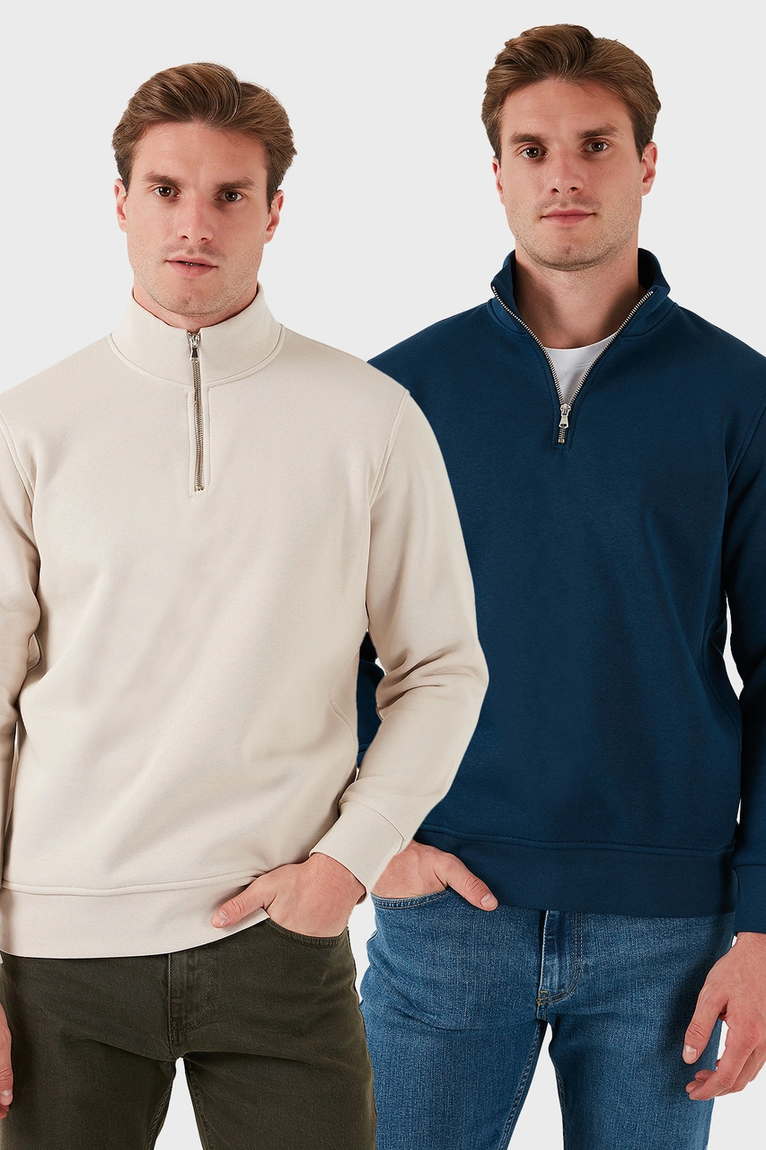 Buratti Pamuklu Regular Fit Dik Yaka 2'Li Paket Erkek Sweat 59052592S2 Indigo-Kum