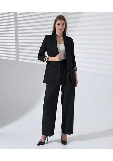 Kadın Normal Kalıp İçi Leopar Desem Hürrem Blazer Ceket Siyah