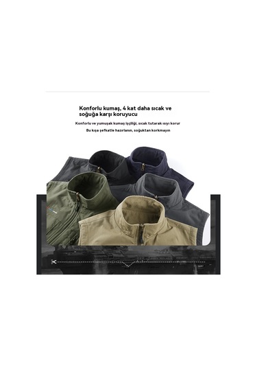 Erkek Polar Astarlı Yelek, Açık Hava İş Giyim, Çok Cepli Yelek, Omuz Koruyucu, Sıcak Kolsuz Ceket Yeşil