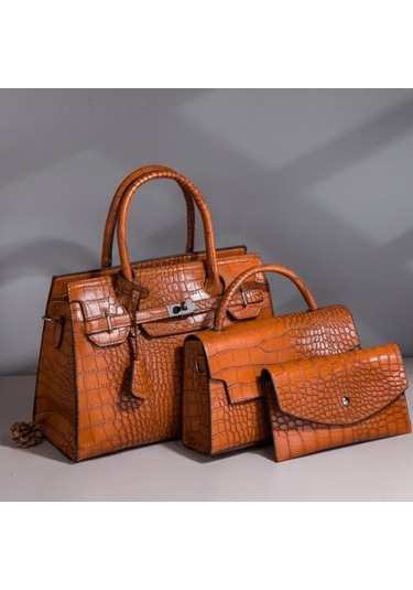 Wondernest Çapraz Desenli Timsah Baskı Tote Çanta 3'ü 1 Arada, Büyük Kapasiteli Kahverengi Kahverengi