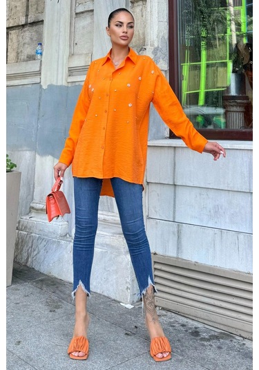 Turuncu Taş Detaylı Keten Klasik Gömlek Turuncu