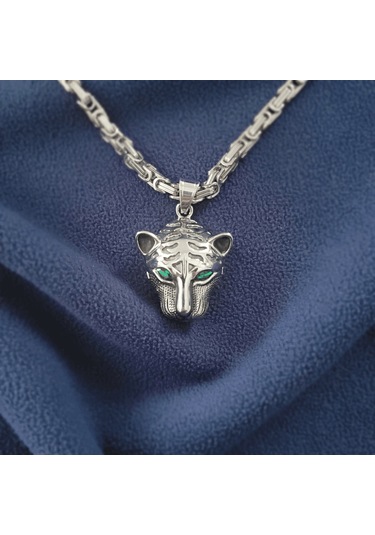 Kaplan Başı Kral Çelik Kolye Gümüş