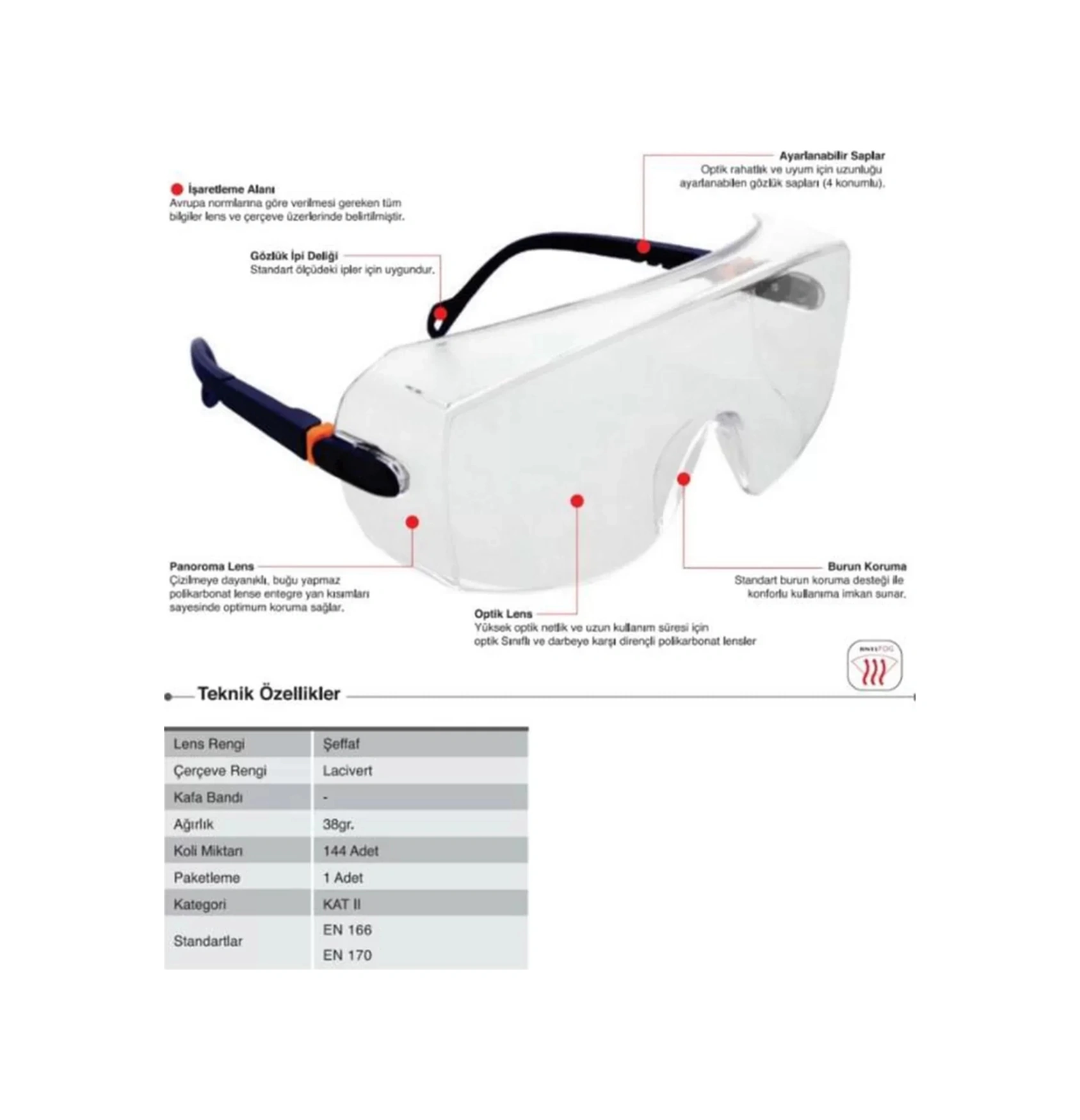 Antifoglu Isg Gözlüğü Geniş Alanlı Koruma 039a En 166 Starline Şeffaf Camlı Antifog Özellikli