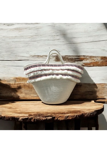 Hasır Çanta, Plaj Çantası, Tasarım Çanta, Ekru Pembe Şeritli El Çantası Ekru