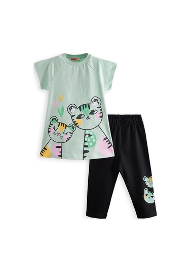Denokids Puanlı Kaplan Kız Çocuk T-shirt Tayt Takım Renkli Çok Renkli