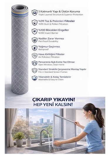 Respilon- Odera Yeni Nesil Sineklik - 3 Katmanlı Toz Polen Alerjen Pencere Filtresi 600x120 Cm
