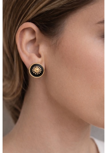 Kadın Küpe Vintage Düğme Model Gold Sun Küpe Siyah