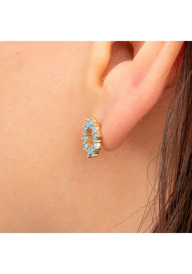 Altın Küpe - 14 Ayar Altın Yuvarlak Firuze Turkuaz Taşlı Küpe Sarı