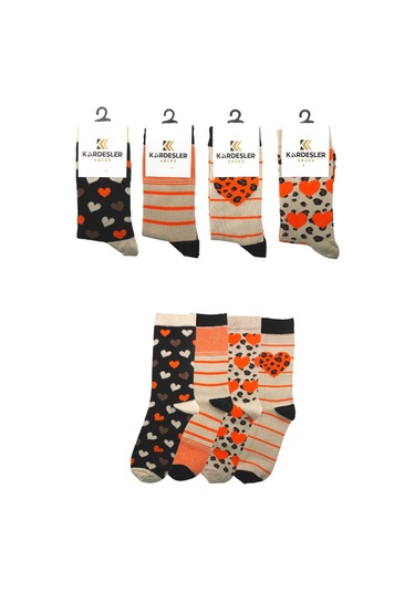 Kadın Çok Renkli Kalpli Çizgili Desenli Pamuklu Soket Uzun Çorap 4'lü Paket Çok Renkli