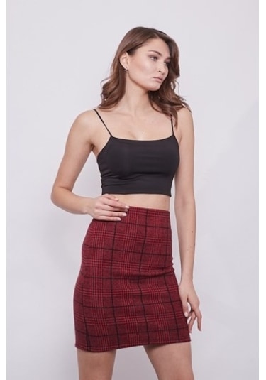 Kışlık Yünlü Kumaş Yüksek Bel Diz Üstü Kalem Etek-Bordo Ekose Bordo