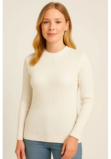 Evyora Bisiklet Yuvarlak Yaka Triko Kazak Pamuklu Kalın Fitilli Dokuma, Regular Fit Uzun Kollu Kışlık Model - Beyaz Beyaz