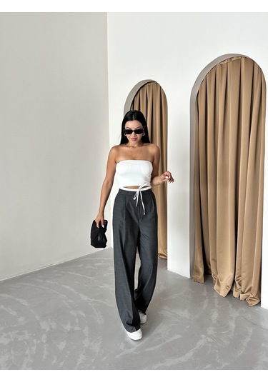 Antrasit Bel Bantı Detaylı Yan Fermuarlı Pantolon Antrasit