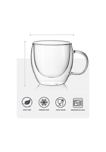 Çift Camlı Çift Cidarlı Cam Kupa 250 Ml Ev Ofis Fincanı Çift Katlı Isı Yalıtımlı Kulplu Cam Bardak