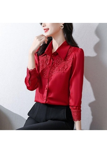 Novahub Moda Saten Kadın Bluz Dantel Ofis Kadın Zarif Uzun Kollu Kadın Gömlek Düğmeler Kadın Giyim Blusas 24636 Kırmızı - 4xl Kırmızı