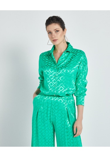 Parlak Dokulu Gömlek Yaka İkili Takım Geniş Paçalı Pantolon Ve Rahat Kesim Üst Parça Yeşil