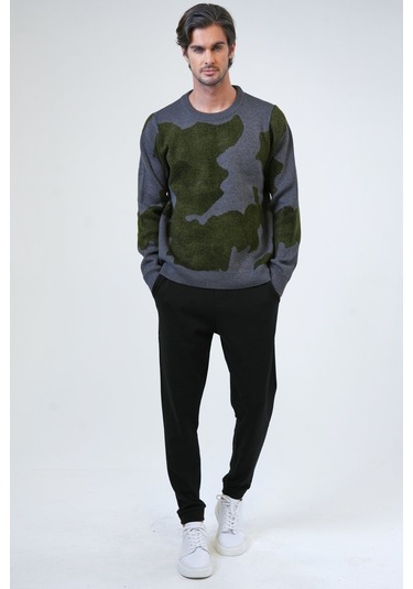 Antrasit Regular Fit Yeşil Desenli Bisiklet Yaka Triko Kazak-antrasit Antrasit