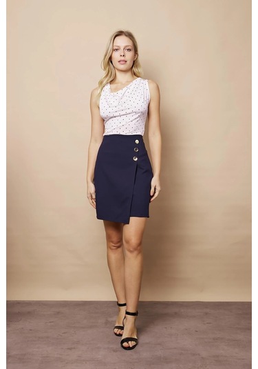 Kadın Arkadan Fermuarlı Düğme Detaylı Hafif Likralı Kumaş Diz Üstü Kalem Etek-lacivert Lacivert