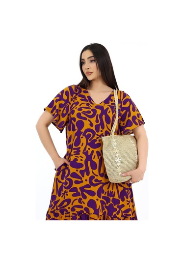 Schık Kadın Viskon Yarım Kol V Yaka Cepli Fırfırlı Elbise Mor Mor