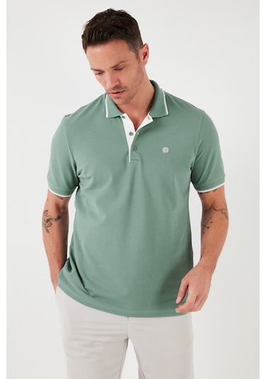 Buratti % 100 Pamuk Düğmeli Regular Fit Erkek Polo Yaka T Shirt 5902118 Elma Yeşili-Beyaz