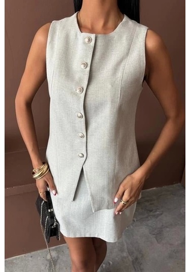 Uzun Yelek Mini Etek Flamlı Keten Takım 10148 Açik Gri